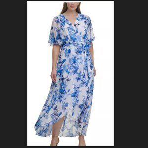 Blue and White Floral Sheer Lined High Low Hem Flutter Shoulder Size 16W